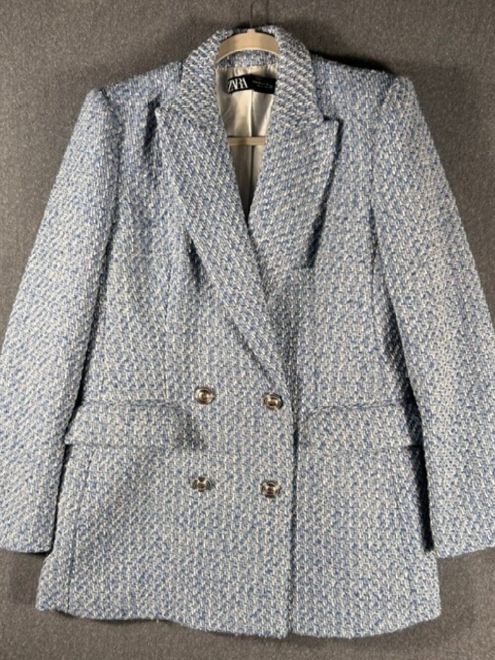Zara Double Breasted Blazer Womens Sz Med Blue White Tweed Long Sleeve Fashion